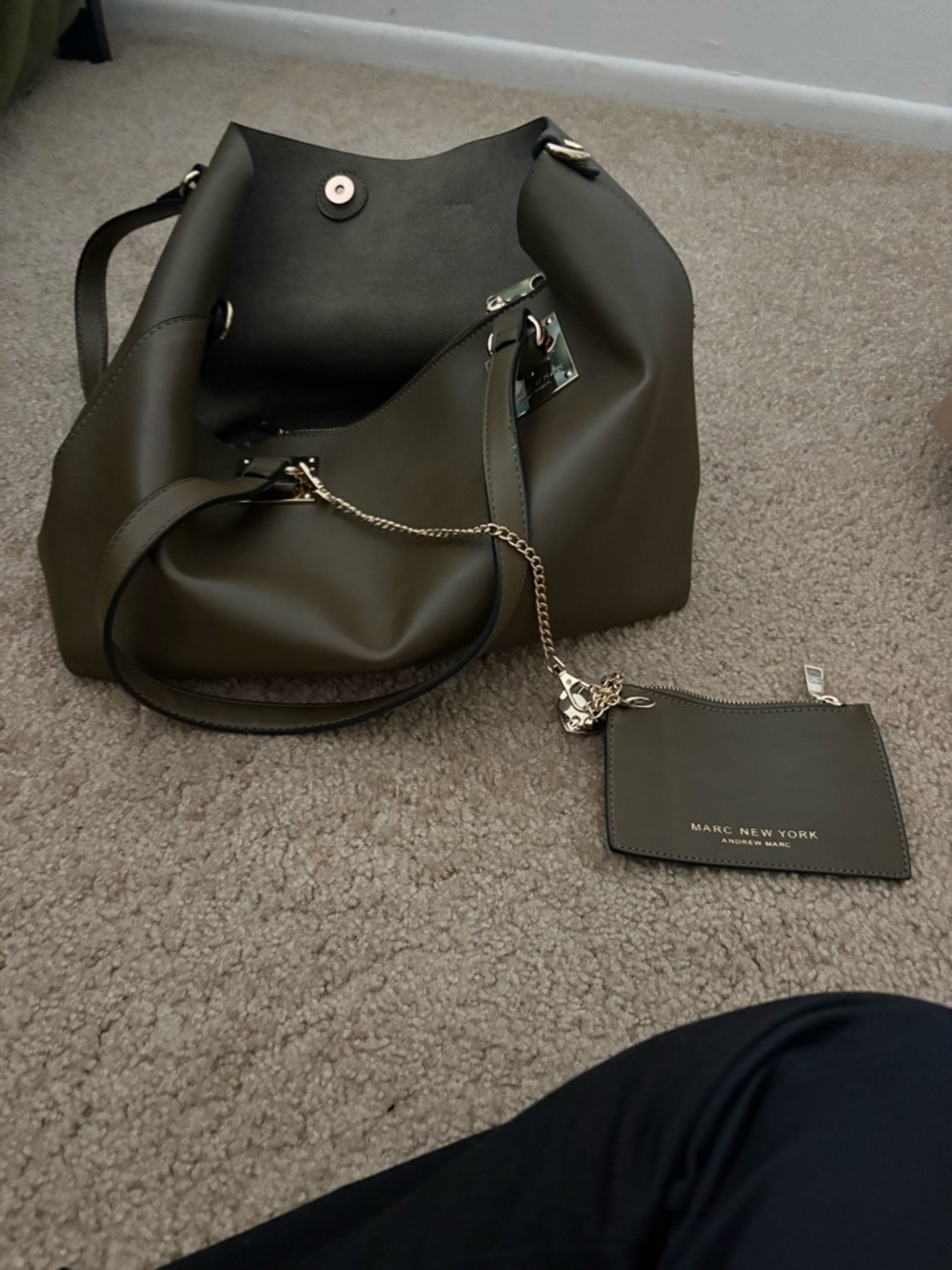 Marc New York Olive Green Leather Tote with Chain Pouch